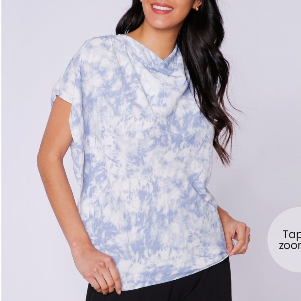 H By Halston size small Asymmetric Flutter Sleeve Blouse Riviera Blue